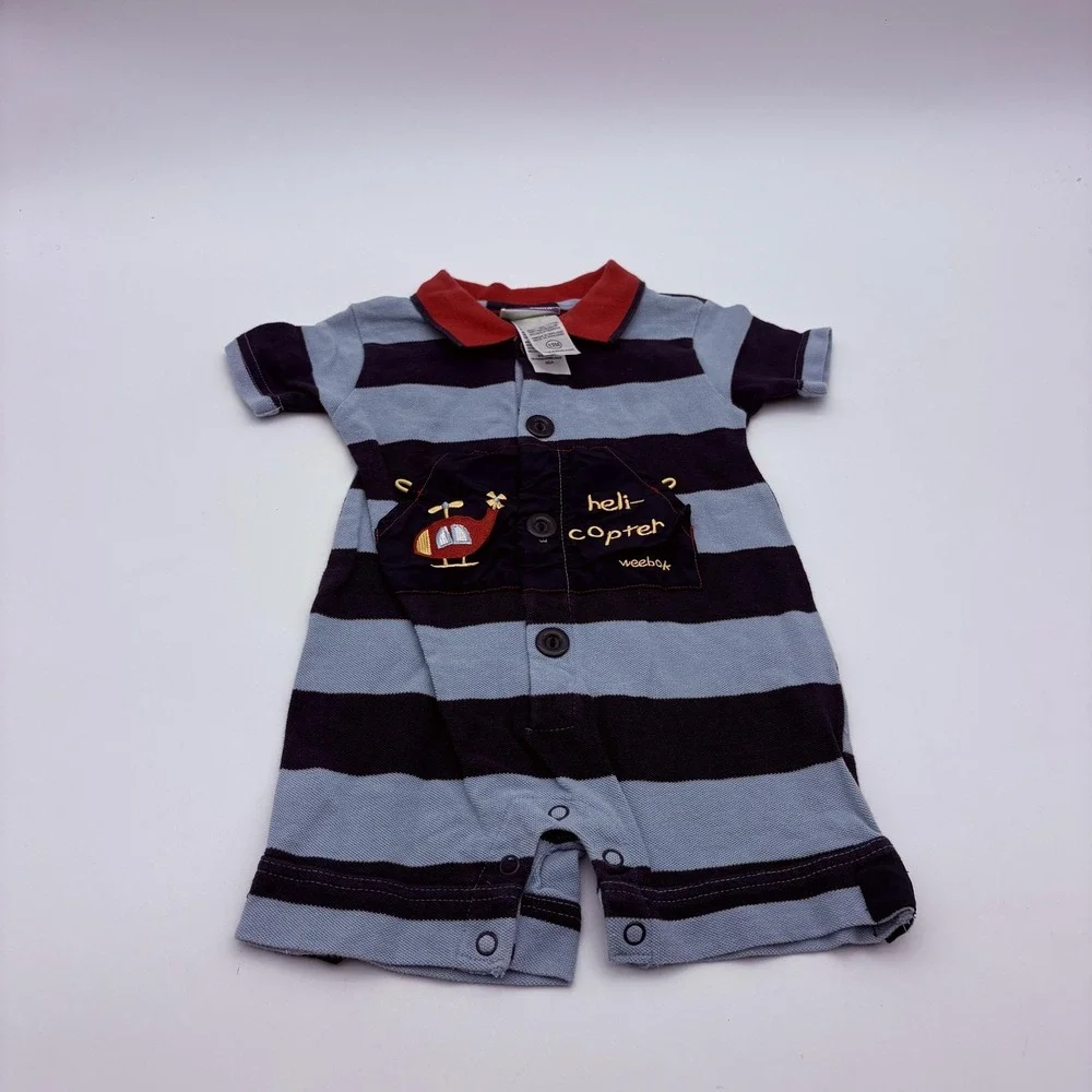 Weebok‎ Romper Boys 12M Blue Striped Helicopter Pocket Collared Knit One Piece